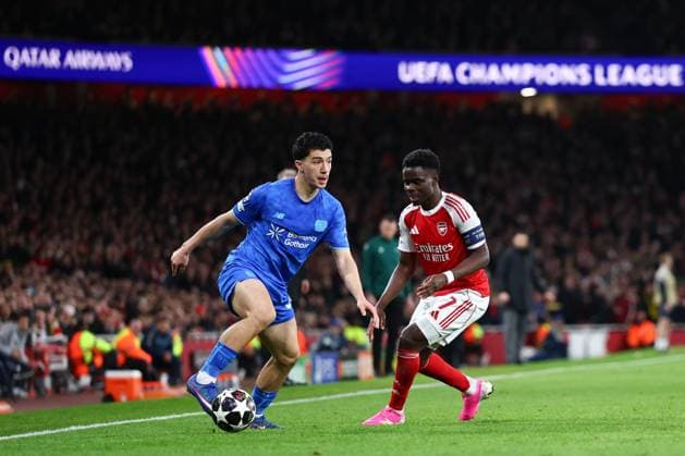 Ibrahim Maza of Bayer Leverkusen under pressure from Bukayo Saka of Arsenal Arsenal v Bayer 04 Leverkusen, UEFA Champions League, Round of 16, Second Leg, Football, Emirates Stadium, London, UK - 17 Mar 2026London Emirates Stadium United Kingdom EDITORIAL USE ONLY No use with unauthorised audio, video, data, fixture lists, club league logos or live services. Online in-match use limited to 120 images, no video emulation. No use in betting, games or single club league player publications.  Copyright: xSimonxDael Shutterstockx 16776376dq