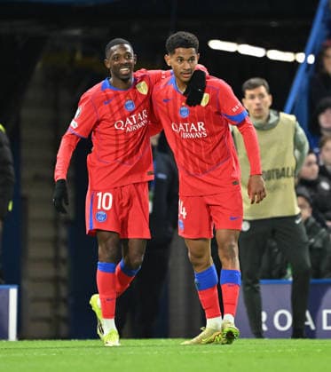 Chelsea vs PSG - UEFA Champions League LONDON, ENGLAND - MARCH 17: Senny Mayulu (R) of Paris Saint-Germain (PSG) celebrates after scoring with Ousmane Dembele (L) during the UEFA Champions League 2025 26 Round of 16 second-leg match between Chelsea and Paris Saint-Germain at Stamford Bridge in London, England on March 17, 2026. Mustafa Yalcin Anadolu London United Kingdom. Editorial use only. Please get in touch for any other usage.  Copyright: x2026xAnadoluxMustafaxYalcinx