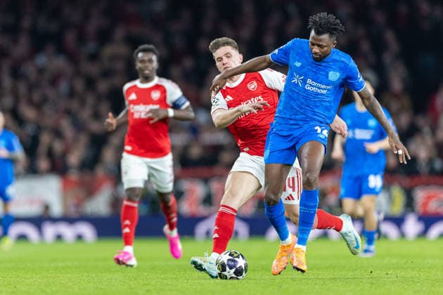 Arsenal v Bayer Leverkusen, Champions League Bayer Leverkusen defender Edmond Tapsoba (12) and Arsenal forward Viktor Gyökeres (14) battle for the ball during the Champions League match between Arsenal and Bayer Leverkusen at the Emirates Stadium, London, UK on 17 March 2026. London Emirates Stadium Greater London UK Editorial use only , Copyright: xToyinxOshodix PSI-23909-0046