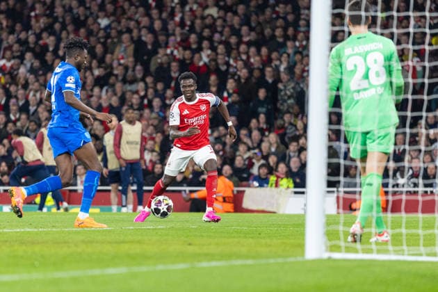 Arsenal v Bayer Leverkusen, Champions League Arsenal forward Bukayo Saka (7) during the Champions League match between Arsenal and Bayer Leverkusen at the Emirates Stadium, London, UK on 17 March 2026. London Emirates Stadium Greater London UK Editorial use only , Copyright: xToyinxOshodix PSI-23909-0054