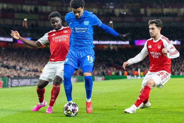 Arsenal v Bayer Leverkusen, Champions League Arsenal forward Bukayo Saka (7), Bayer Leverkusen midfielder Malik Tillman (10) and Arsenal midfielder Martin Zubimendi (36) during the Champions League match between Arsenal and Bayer Leverkusen at the Emirates Stadium, London, UK on 17 March 2026. London Emirates Stadium Greater London UK Editorial use only , Copyright: xToyinxOshodix PSI-23909-0077