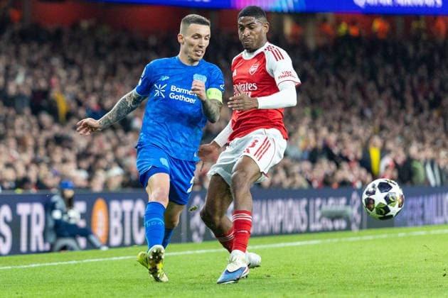 Arsenal v Bayer Leverkusen, Champions League GOAL 2-0. Arsenal midfielder Declan Rice (41) shoots and scores a goal during the Champions League match between Arsenal and Bayer Leverkusen at the Emirates Stadium, London, UK on 17 March 2026. London Emirates Stadium Greater London UK Editorial use only , Copyright: xToyinxOshodix PSI-23909-0087