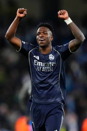 Manchester City FC v Real Madrid CF - UEFA Champions League 2025 26 Round of 16 Second Leg Vinicius Junior left winger of Real Madrid and Brazil celebrates the victory after winning the UEFA Champions League 2025 26 Round of 16 Second Leg match between Manchester City FC and Real Madrid CF at City of Manchester Stadium on March 17, 2026 in Manchester, United Kingdom. Manchester England United Kingdom  Copyright: xJosexBretonx originalFilename:bretonhernandez-manchest260317_np0Y2.jpg