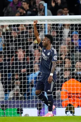 Manchester City FC v Real Madrid CF - UEFA Champions League 2025 26 Round of 16 Second Leg Vinicius Junior left winger of Real Madrid and Brazil celebrates after scoring his sides second goal during the UEFA Champions League 2025 26 Round of 16 Second Leg match between Manchester City FC and Real Madrid CF at City of Manchester Stadium on March 17, 2026 in Manchester, United Kingdom. Manchester England United Kingdom  Copyright: xJosexBretonx originalFilename:bretonhernandez-manchest260317_npR3N.jpg