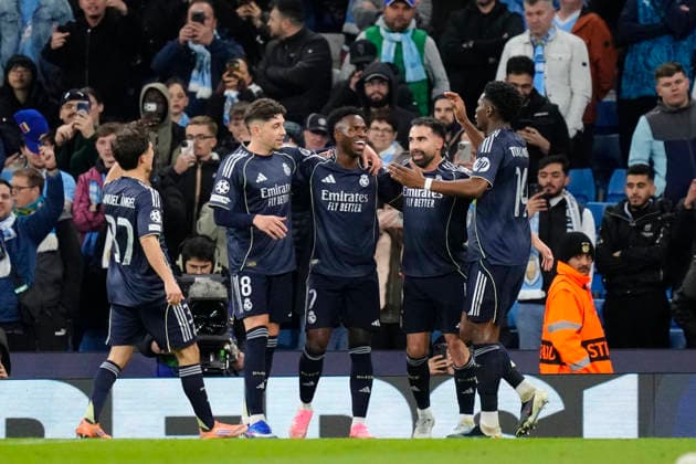 Manchester City FC v Real Madrid CF - UEFA Champions League 2025 26 Round of 16 Second Leg Vinicius Junior left winger of Real Madrid and Brazil celebrates after scoring his sides second goal during the UEFA Champions League 2025 26 Round of 16 Second Leg match between Manchester City FC and Real Madrid CF at City of Manchester Stadium on March 17, 2026 in Manchester, United Kingdom. Manchester England United Kingdom  Copyright: xJosexBretonx originalFilename:bretonhernandez-manchest260317_nptiP.jpg