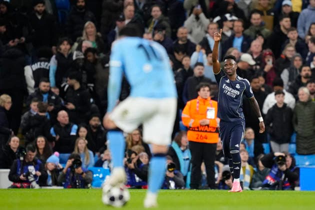Manchester City FC v Real Madrid CF - UEFA Champions League 2025 26 Round of 16 Second Leg Vinicius Junior left winger of Real Madrid and Brazil celebrates after scoring his sides second goal during the UEFA Champions League 2025 26 Round of 16 Second Leg match between Manchester City FC and Real Madrid CF at City of Manchester Stadium on March 17, 2026 in Manchester, United Kingdom. Manchester England United Kingdom  Copyright: xJosexBretonx originalFilename:bretonhernandez-manchest260317_np4yq.jpg