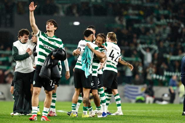 Hidemasa Morita (SportingCP), MARCH 17, 2026 - Football Soccer : Morita celebrate with Luis Suarez after winning UEFA Champions League round of 16 2nd leg match between Sporting Clube de Portugal - FK Bodo Glimt at the Estadio Jose Alvalade in Lisbon, Portugal. Noxthirdxpartyxsales  aflo_323930927
