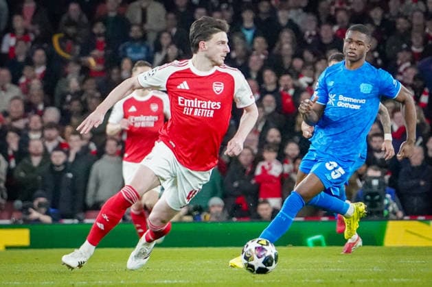 England Football UEFA Champions League 2025 2026, Round of 16 second leg FC Arsenal London vs Bayer 04 Leverkusen Emirates Stadium London Declan Rice Arsenal, 41 Christian Kofane Bayer 04 Leverkusen, 35 Copyright: xJOERANxSTEINSIEKx