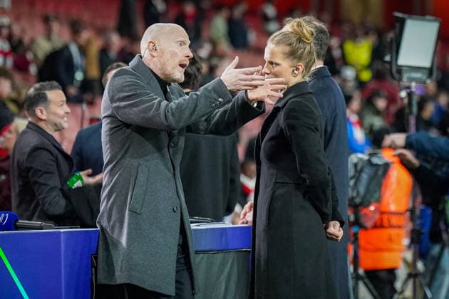 England Football UEFA Champions League 2025 2026, Round of 16 second leg FC Arsenal London vs Bayer 04 Leverkusen Emirates Stadium London Tabea Kemme and Matthias Sammer TV Expert, Prime Video Facial expression, facial expression, emotion, gesture, gesture Copyright: xJOERANxSTEINSIEKx
