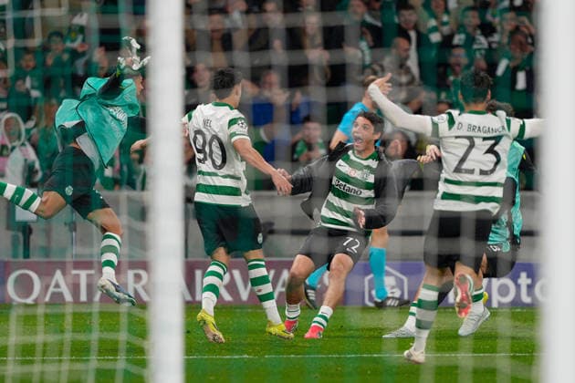 March 17, 2026, Lisbon, Portugal: Joao Simoes of Sporting CP (L), Rafael Nel of Sporting CP (C), Eduardo Quaresma of Sporting CP (C) and Daniel Braganca of Sporting CP (R) celebrates their fifth goal during UEFA Champions League 2025 26 round of 16 2nd leg between Sporting CP and FK Bodo Glimt at Estadio Jose Alvalade..Final score: Sporting CP 5:0 FK Bodo Glimt Lisbon Portugal - ZUMAs197 20260317_aaa_s197_311 Copyright: xBrunoxdexCarvalhox