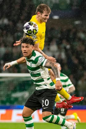 17th March 2026; Estadio Jose Alvalade, Lisbon, Portugal, UEFA Champions League Football, Sporting Lisbon versus Bodo Glimt; Ole Didrik Blomberg of Bodo Glimt is tackled by Maxi Araujo of Sporting  JosexSalgueiro Content restricted for UK based newspaper