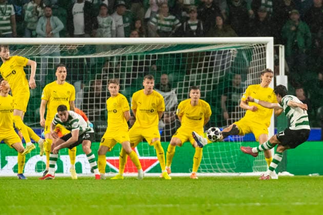 17th March 2026; Estadio Jose Alvalade, Lisbon, Portugal, UEFA Champions League Football, Sporting Lisbon versus Bodo Glimt; Francisco Trincao of Sporting shoots the ball as players of Bodo Glimt try to block it  JosexSalgueiro Content restricted for UK based newspaper