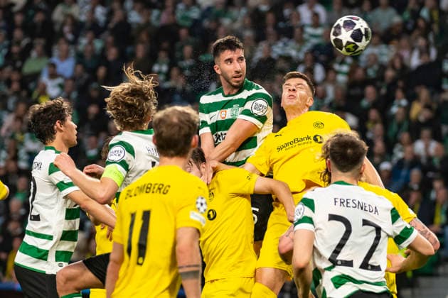 17th March 2026; Estadio Jose Alvalade, Lisbon, Portugal, UEFA Champions League Football, Sporting Lisbon versus Bodo Glimt; Goncalo Inacio of Sporting headed the ball to score the first goal of the match for 1-0  JosexSalgueiro Content restricted for UK based newspaper