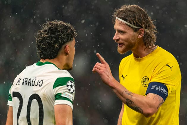 17th March 2026; Estadio Jose Alvalade, Lisbon, Portugal, UEFA Champions League Football, Sporting Lisbon versus Bodo Glimt; Maxi Araujo of Sporting and Kasper Hogh of Bodo Glimt discusses the foul  JosexSalgueiro Content restricted for UK based newspaper