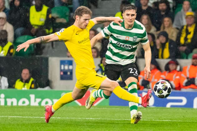 17th March 2026; Estadio Jose Alvalade, Lisbon, Portugal, UEFA Champions League Football, Sporting Lisbon versus Bodo Glimt; Ivan Fresneda of Sporting crosses the ball and Ole Didrik Blomberg of Bodo Glimt attempts to block  JosexSalgueiro Content restricted for UK based newspaper
