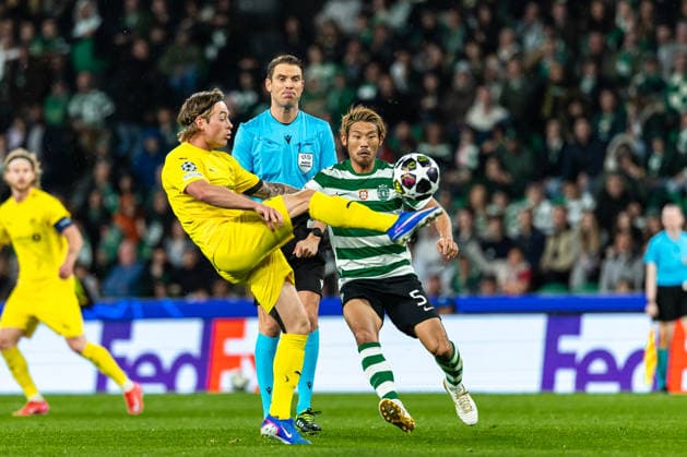 Uefa Champions League 2025 26 Sporting CP FK Bodø Glimt Patrick Berg of FK Bodø Glimt and Hidemasa Morita of Sporting in action, with the ball during the UEFA Champions League 2025 26 League Round of 16, 2nd Leg match between Sporting CP and FK Bodø Glimt on Tuesday 17 March 2026 in Lisbon, Portugal Copyright: HMBxMedia CarlosxSilva