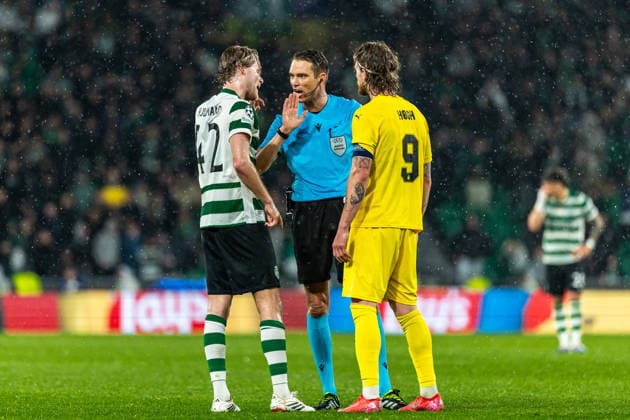 Uefa Champions League 2025 26 Sporting CP FK Bodø Glimt Referee Sandro Schärer, Morten Hjulmand of Sporting and Kasper Hogh of FK Bodø Glimt during the UEFA Champions League 2025 26 League Round of 16, 2nd Leg match between Sporting CP and FK Bodø Glimt on Tuesday 17 March 2026 in Lisbon, Portugal Copyright: HMBxMedia CarlosxSilva