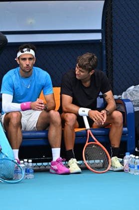 Itau Miami Open Lorenzo Musetti (ITA) with Flavio Cobolli (ITA) during practice at the Tau Miami Open in Miami , USA, on March 17, 2026. Photo by Corinne Dubreuil ABACAPRESS.COM Miami United States  Copyright: xDubreuilxCorinne ABACAx