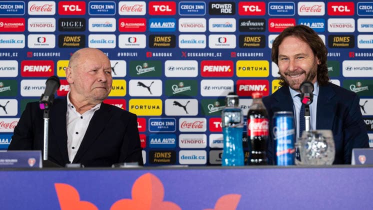 From left: Czech head coach Miroslav Koubek and general manager of Czech Team Pavel Nedved speak during the press conference, PK, Pressekonferenz to announce Czech national football team s roster for World Cup qualifying playoff matches in Prague, Czech Republic, March 17, 2026. (CTKxPhoto MichalxKamaryt) CTKPhotoP2026031707789  CTKPhotoP2026031707789