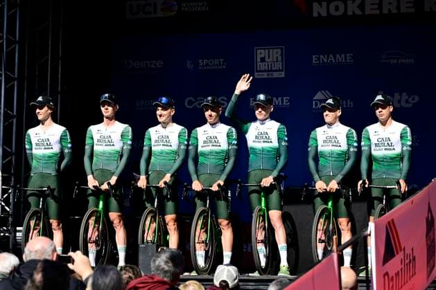 Danilith Nokere Koerse 2026 Cycling Race NOKERE, BELGIUM - MARCH 18 : team Caja Rural - Seguros RGA during the 79th edition of Danilith Nokere Koerse an UCI ProSeries 1.Pro one day cycling road race for Men Elite of km with start in Deinze and finish in Nokere on March 18, 2026 in Nokere, Belgium, 18 03 2026 ( Motordriver Danilith Nokere Koerse Cycling Race - Nokere Belgium  Copyright: xJanxDexMeuleneirx