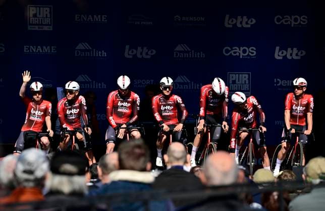 Danilith Nokere Koerse 2026 Cycling Race NOKERE, BELGIUM - MARCH 18 : Menten Milan (BEL) of Lotto - Intermarche and teammates during the 79th edition of Danilith Nokere Koerse an UCI ProSeries 1.Pro one day cycling road race for Men Elite of km with start in Deinze and finish in Nokere on March 18, 2026 in Nokere, Belgium, 18 03 2026 ( Motordriver Danilith Nokere Koerse Cycling Race - Nokere Belgium  Copyright: xJanxDexMeuleneirx
