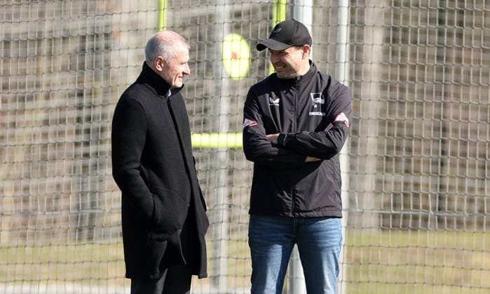 Managing Director Dr Peter Görlich talks to Sports Director Benjamin Weber Sport Football Soccer Season 2025 2026 2 Bundesliga Men DFL 18 03 2026 Training Hertha BSC Berlin DFL regulations prohibit any use of photographs as image sequences and or quasi video