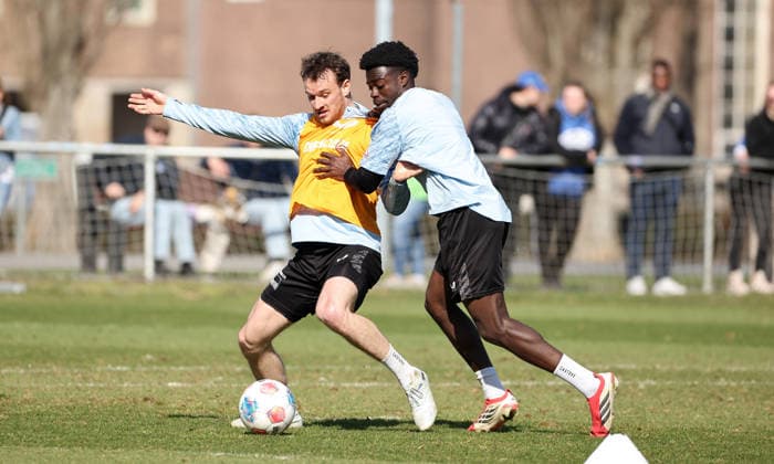 Pascal Klemens, Boris Mamuzah Lum duel Match scene Action Sport Football Soccer Season 2025 2026 2 Bundesliga Men DFL 18 03 2026 Training Hertha BSC Berlin DFL regulations prohibit any use of photographs as image sequences and or quasi video