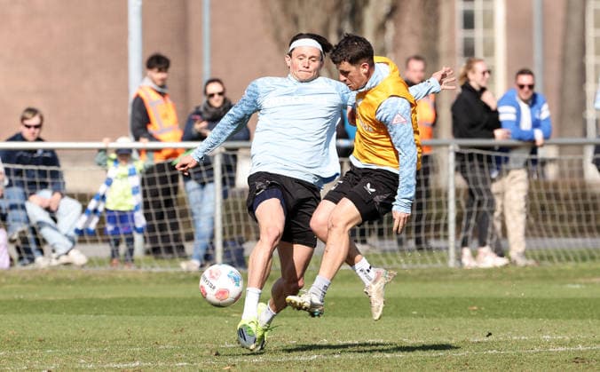 Fabian Reese, Diego Demme duel match scene action sport football soccer season 2025 2026 2 Bundesliga men DFL 18 03 2026 Training Hertha BSC Berlin DFL regulations prohibit any use of photographs as image sequences and or quasi video