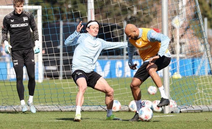 Fabian Reese, John Anthony Brooks duel Match scene Action Sport Football Soccer Season 2025 2026 2 Bundesliga Men DFL 18 03 2026 Training Hertha BSC Berlin DFL regulations prohibit any use of photographs as image sequences and or quasi video