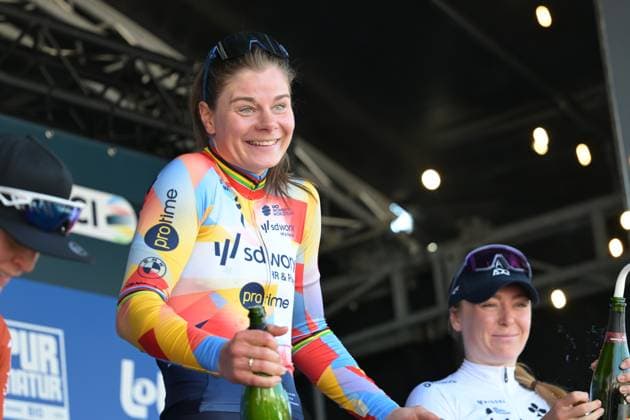Belgian Lotte Kopecky celebrates on the podium after winning the Nokere Koerse one day cycling race for women elite, 133,3km from Deinze to Nokere, Kruisem on Wednesday 18 March 2026. DAVIDxPINTENS  x167987982x