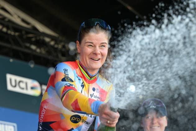 Belgian Lotte Kopecky celebrates on the podium after winning the Nokere Koerse one day cycling race for women elite, 133,3km from Deinze to Nokere, Kruisem on Wednesday 18 March 2026. DAVIDxPINTENS  x167987992x