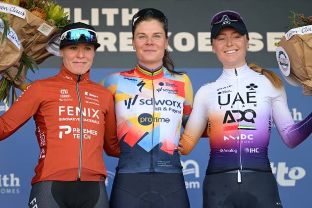 Dutch Charlotte Kool, Belgian Lotte Kopecky and Irish Lara Gillespie pictured on the podium after the Nokere Koerse one day cycling race for women elite, 133,3km from Deinze to Nokere, Kruisem on Wednesday 18 March 2026. DAVIDxPINTENS  x167988063x