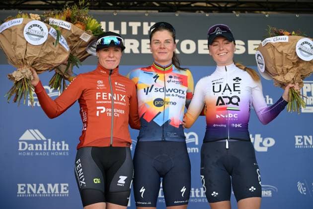 Dutch Charlotte Kool, Belgian Lotte Kopecky and Irish Lara Gillespie pictured on the podium after the Nokere Koerse one day cycling race for women elite, 133,3km from Deinze to Nokere, Kruisem on Wednesday 18 March 2026. DAVIDxPINTENS  x167988206x