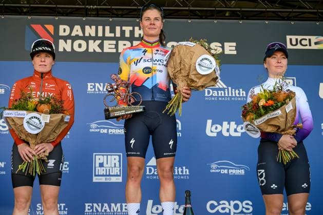 Dutch Charlotte Kool, Belgian Lotte Kopecky and Laura Gillespie pictured on the podium after the Nokere Koerse one day cycling race for women elite, 133,3km from Deinze to Nokere, Kruisem on Wednesday 18 March 2026. DAVIDxPINTENS  x167990699x