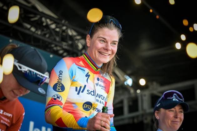 Belgian Lotte Kopecky celebrates on the podium after winning the Nokere Koerse one day cycling race for women elite, 133,3km from Deinze to Nokere, Kruisem on Wednesday 18 March 2026. DAVIDxPINTENS  x167990712x