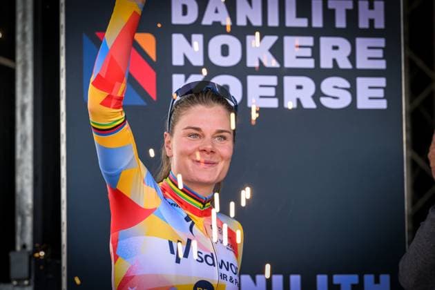 Belgian Lotte Kopecky celebrates on the podium after winning the Nokere Koerse one day cycling race for women elite, 133,3km from Deinze to Nokere, Kruisem on Wednesday 18 March 2026. DAVIDxPINTENS  x167990943x