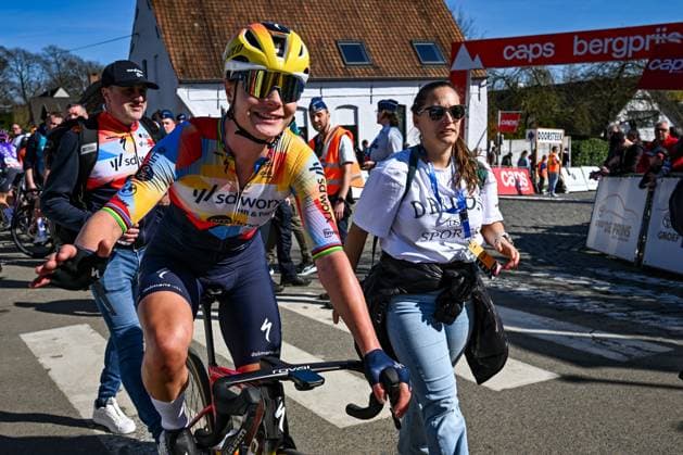 Belgian Lotte Kopecky celebrates as she crosses the finish line to win the Nokere Koerse one day cycling race for women elite, 133,3km from Deinze to Nokere, Kruisem on Wednesday 18 March 2026. DAVIDxPINTENS  x167991707x