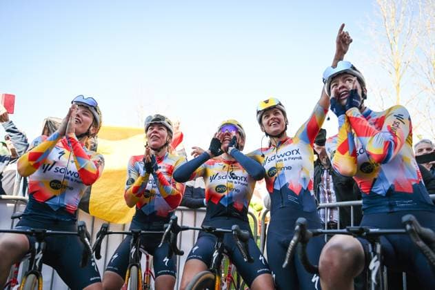 SD Worx-Protime riders celebrate the victory of teammate Kopecky during the podium ceremony after the Nokere Koerse one day cycling race for women elite, 133,3km from Deinze to Nokere, Kruisem on Wednesday 18 March 2026. ELIASxROM  x167991918x