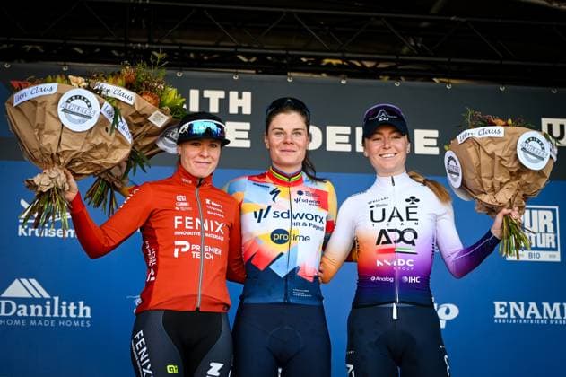 Dutch Charlotte Kool, Belgian Lotte Kopecky and Irish Lara Gillespie pictured on the podium after the Nokere Koerse one day cycling race for women elite, 133,3km from Deinze to Nokere, Kruisem on Wednesday 18 March 2026. ELIASxROM  x167992210x
