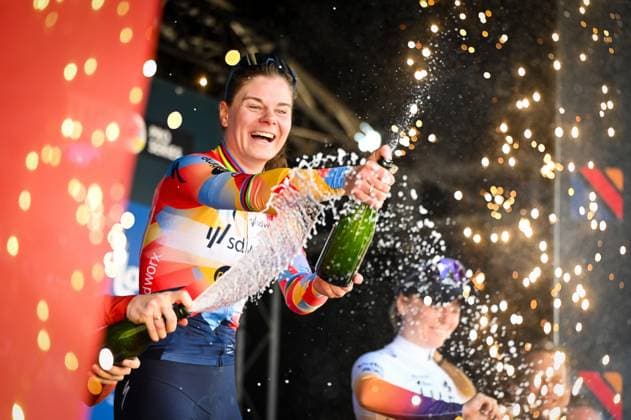 Belgian Lotte Kopecky of SD Worx-Protime celebrates on the podium with champagne after winning the Nokere Koerse one day cycling race for women elite, 133,3km from Deinze to Nokere, Kruisem on Wednesday 18 March 2026. ELIASxROM  x167992522x