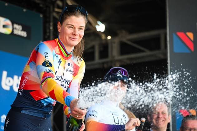 Belgian Lotte Kopecky of SD Worx-Protime celebrates on the podium with champagne after winning the Nokere Koerse one day cycling race for women elite, 133,3km from Deinze to Nokere, Kruisem on Wednesday 18 March 2026. ELIASxROM  x167992533x