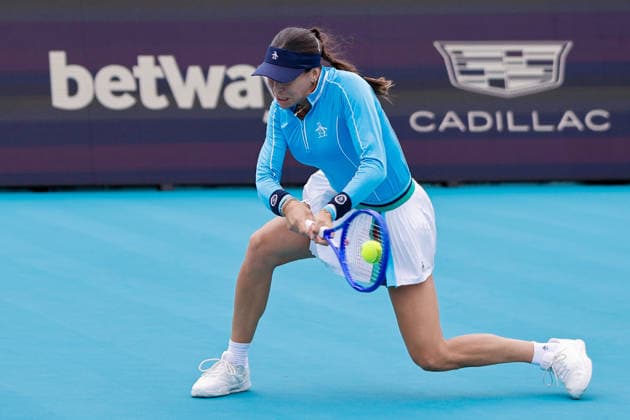 MIAMI GARDENS, FL - MARCH 17: Ajla Tomljanovic (AUS) in action during a Women™s Singles qualifying 2nd round match with Simona Waltert (SUI) at the Miami Open on March 17, 2026, at Hard Rock Stadium in Miami Gardens, Florida,(Photo by Chris Arjoon Icon Sportswire) TENNIS: MAR 17 Miami Open EDITORIAL USE ONLY Icon2603170010146