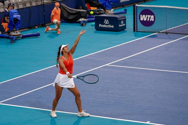 MIAMI GARDENS, FL - MARCH 17: Jessica Bouzas Maneiro (ESP) in action during a Women™s Singles qualifying 2nd round match against Katie Boulter (GB) at the Miami Open on March 17, 2026, at Hard Rock Stadium in Miami Gardens, Florida,(Photo by Chris Arjoon Icon Sportswire) TENNIS: MAR 17 Miami Open EDITORIAL USE ONLY Icon2603170010100