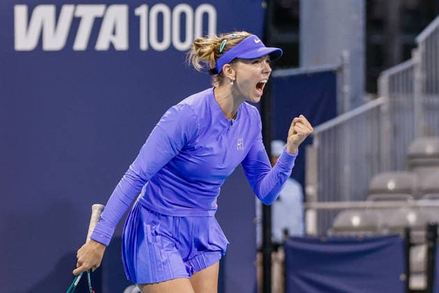 MIAMI GARDENS, FL - MARCH 17: Katie Boulter (GB) celebrates a win in a Women™s Singles qualifying 2nd round match against Jessica Bouzas Maneiro (ESP) at the Miami Open on March 17, 2026, at Hard Rock Stadium in Miami Gardens, Florida,(Photo by Chris Arjoon Icon Sportswire) TENNIS: MAR 17 Miami Open EDITORIAL USE ONLY Icon2603170010108