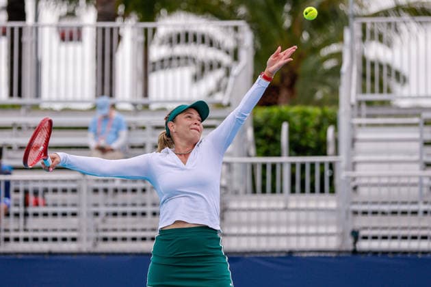 MIAMI GARDENS, FL - MARCH 17: Donna Vekic (CRO) in action during a Women™s Singles qualifying 2nd round match against Lulu Sun (NZ) at the Miami Open on March 17, 2026, at Hard Rock Stadium in Miami Gardens, Florida,(Photo by Chris Arjoon Icon Sportswire) TENNIS: MAR 17 Miami Open EDITORIAL USE ONLY Icon2603170010002