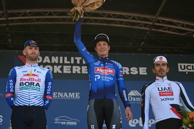 Belgian Jordi Meeus of Red Bull-BORA-hansgrohe, Belgian Jasper Philipsen of Alpecin-Premier Tech and Colombian Juan Sebastian Molano of UAE Team Emirates-XRG pictured on the podium after the Nokere Koerse one day cycling race for men elite, 186,4 km from Deinze to Nokere, Kruisem on Wednesday 18 March 2026. DAVIDxPINTENS  x168019199x