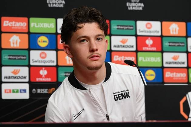 Genk s Konstantinos Kos Karetsas pictured during a press conference, PK, Pressekonferenz of Belgian soccer team KRC Genk in Freiburg im Breisgau, Germany on Wednesday 18 March 2026. The team is preparing for tomorrow s match against German Club Freiburg, the return leg of the 1 16 Finals of the UEFA Europa League tournament. Genk won the first leg 1-0. JILLxDELSAUX  x168020474x