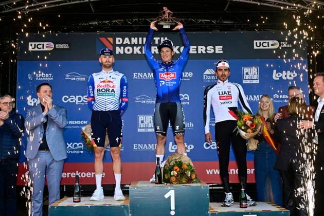 Danilith Nokere Koerse 2026 Cycling Race NOKERE, BELGIUM - MARCH 18 : Meeus Jordi (BEL) of Red Bull - BORA - Hansgrohen Philipsen Jasper (BEL) of Alpecin - Premier Tech and Molano Juan Sebastian (COL) of UAE Team Emirates - XRG pictured during the podium ceremony of the 79th edition of Danilith Nokere Koerse an UCI ProSeries 1.Pro one day cycling road race for Men Elite of km with start in Deinze and finish in Nokere on March 18, 2026 in Nokere, Belgium, 18 03 2026 ( Motordriver Danilith Nokere Koerse Cycling Race - Nokere Belgium  Copyright: xJanxDexMeuleneirx