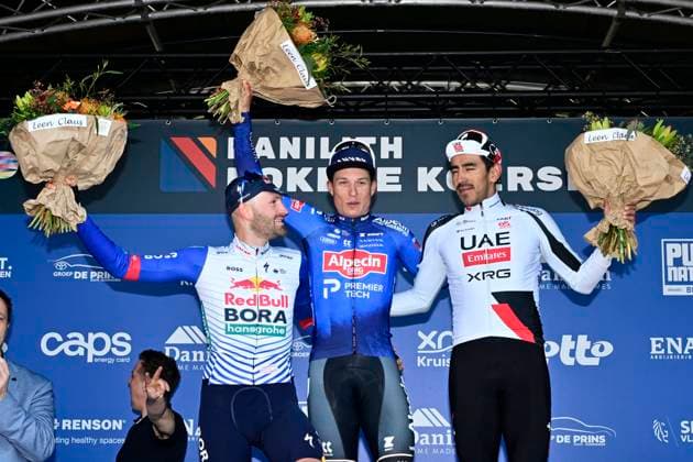 Danilith Nokere Koerse 2026 Cycling Race NOKERE, BELGIUM - MARCH 18 : Meeus Jordi (BEL) of Red Bull - BORA - Hansgrohen Philipsen Jasper (BEL) of Alpecin - Premier Tech and Molano Juan Sebastian (COL) of UAE Team Emirates - XRG pictured during the podium ceremony of the 79th edition of Danilith Nokere Koerse an UCI ProSeries 1.Pro one day cycling road race for Men Elite of km with start in Deinze and finish in Nokere on March 18, 2026 in Nokere, Belgium, 18 03 2026 ( Motordriver Danilith Nokere Koerse Cycling Race - Nokere Belgium  Copyright: xJanxDexMeuleneirx