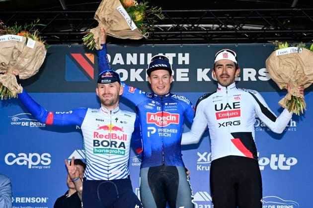 Danilith Nokere Koerse 2026 Cycling Race NOKERE, BELGIUM - MARCH 18 : Meeus Jordi (BEL) of Red Bull - BORA - Hansgrohen Philipsen Jasper (BEL) of Alpecin - Premier Tech and Molano Juan Sebastian (COL) of UAE Team Emirates - XRG pictured during the podium ceremony of the 79th edition of Danilith Nokere Koerse an UCI ProSeries 1.Pro one day cycling road race for Men Elite of km with start in Deinze and finish in Nokere on March 18, 2026 in Nokere, Belgium, 18 03 2026 ( Motordriver Danilith Nokere Koerse Cycling Race - Nokere Belgium  Copyright: xJanxDexMeuleneirx
